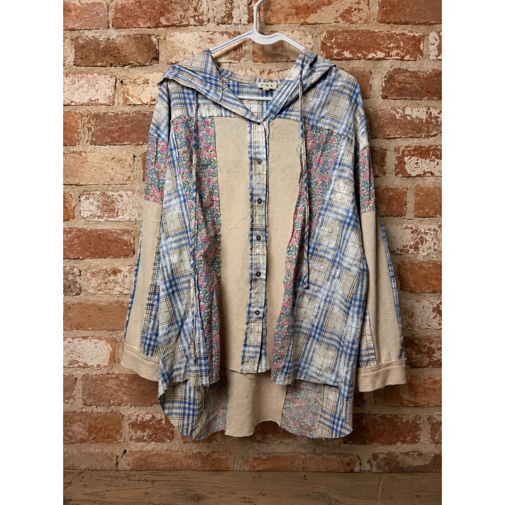 POL Mixed Media Patchwork Plaid Floral Hoodie Button Top S Lagenlook Cottagecore